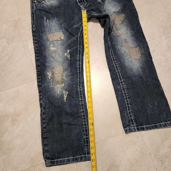 Smoke Rise Mens 38x30 DISTRESSED HipHop Embroidered Skater Jeans Streetwear Wide - Picture 7 of 11